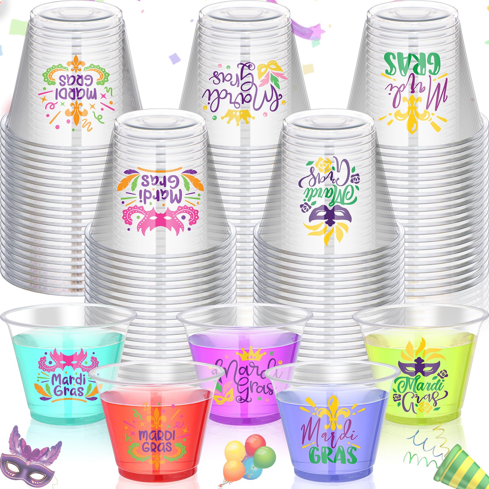 Uiifan 100 Pcs Mardi Gras Cups Bulk 9oz Disposable Plastic Mardi Gras Drinking Cups Carnival Clear Cups Mardi Gras Carnival Party Supplies Suitable for Wine Coffee Tea Juice Soda Beer Beverages