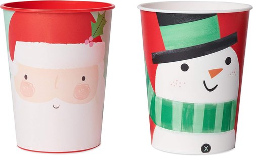 American Greetings Reusable Plastic Cups - 16 oz. Holiday Design with Santa & Snowman | 8-Count Set