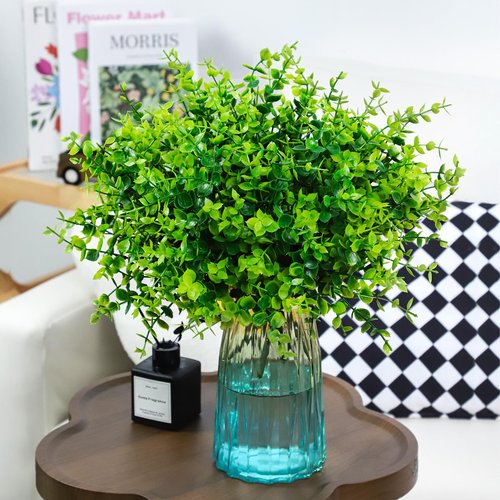 24 Bundles Greenery Artificial Plants Outdoors, Eucalyptus Stems UV Resistant Fake Foliage Plants Faux Boxwood Shrubs Indoor Decorations Artificial Flowers for Garden Pot Porch Fence Hanging Planter