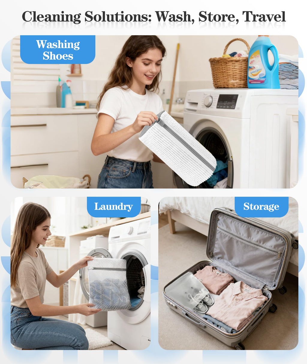 3-IN-1 Laundry & Shoe Washing Machine Bag Kit : Laundry Shoe Bag for Washer and Dryer,Reusable Shoe Cleaning Bag for Sneakers,Tennis,Self-locking Zipper & Microfiber,Include 3 Laundry Bag & 2 Shoe Bag