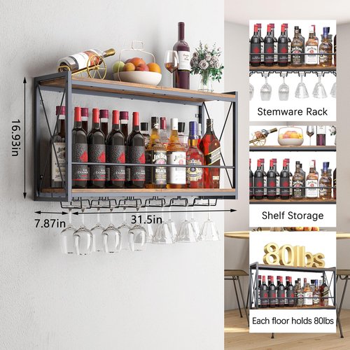 Dokser Wine Rack Wall Mounted Shelf - 2 Tier, Rustic Wood & Industrial Iron Frame Wine Bottle Holder for Kitchen, Dining Room, Home Bar Decor (Brown)