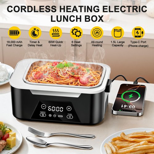 ISNIKA Cordless Heated Lunch Box For Adults, 1.5L (6 Cups) Rechargeable Electric Lunch Box Battery Powered With Scheduled Heating, Automatic Heating,Portable Food Warmer With Insulated Bag (Black)