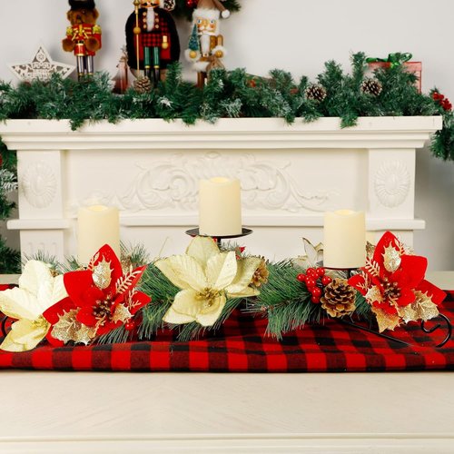 Joliyoou Christmas Tabletop Centerpiece - 17.5" Poinsettia Candle Holder with 3 Battery-Operated Lights