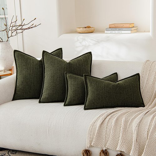 a moment Linen Pillow Covers Set of 2,Boho Farmhouse Throw Pillowcases Neutral Textured Decorative Covers for Couch Sofa,Linen Blend Accent Case Cushion Living Room Home Decor 20"x12"Dark Green