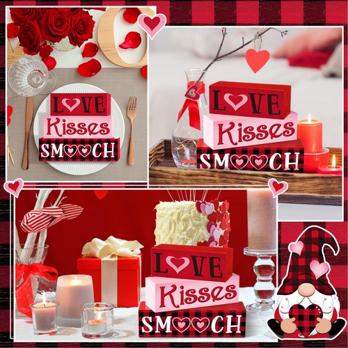Burbell 3 Pcs Valentine Table Decoration Signs Tiered Tray Valentine Wooden Love Blocks Heart Wood Freestanding Decor for Farmhouse Centerpiece Wedding Gift(Sweet Style)