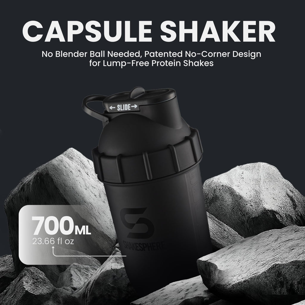 SHAKESPHERE Shaker Bottle - 24oz Leak Proof Protein Shaker Bottle for Pre Workout, Smoothie, and Powder Drink Mixes, No-Blade Mixer for Gym, BPA-Free, Easy Clean & Easy to Carry (Matte Black)