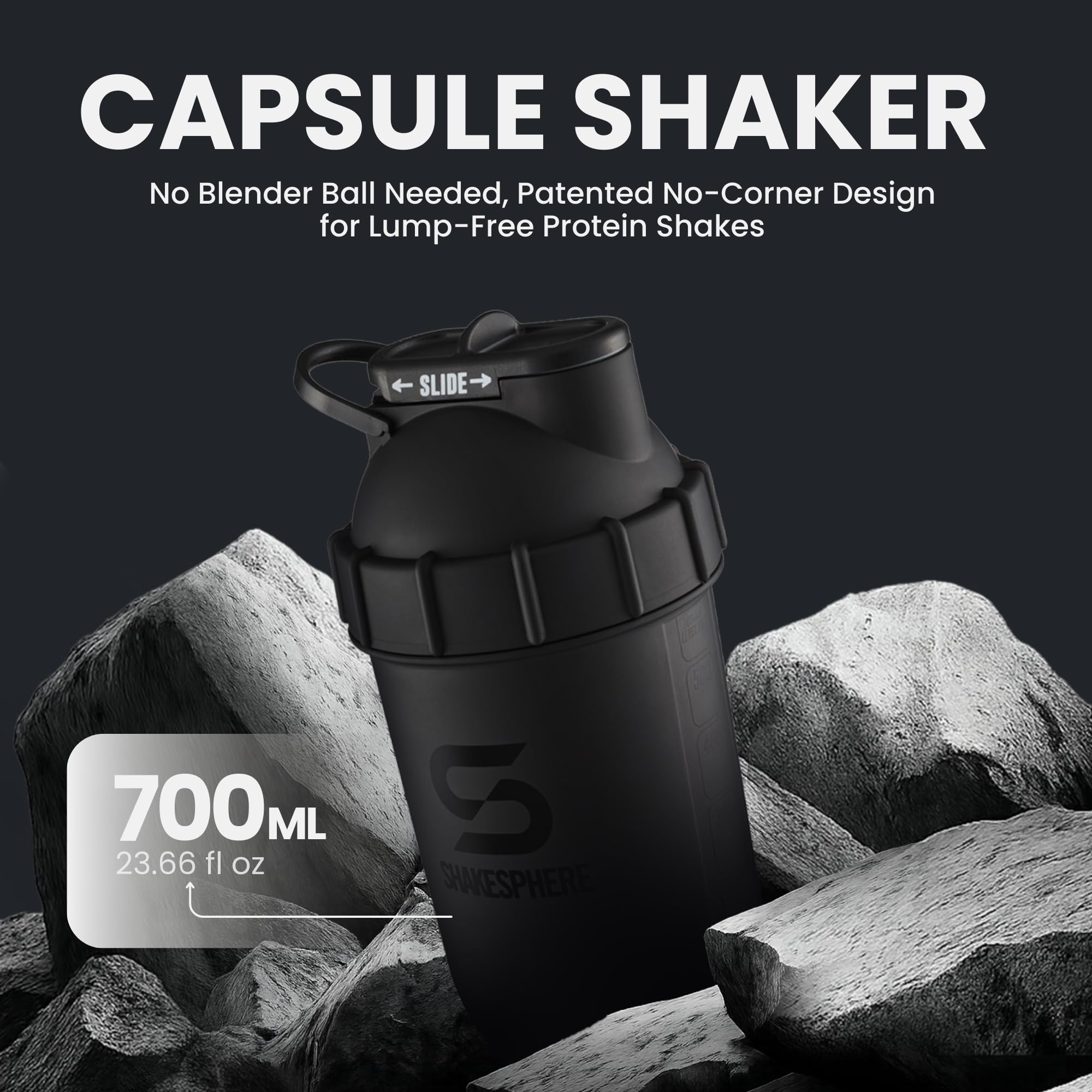 SHAKESPHERE Shaker Bottle - 24oz Leak Proof Protein Shaker Bottle for Pre Workout, Smoothie, and Powder Drink Mixes, No-Blade Mixer for Gym, BPA-Free, Easy Clean & Easy to Carry (Matte Black)