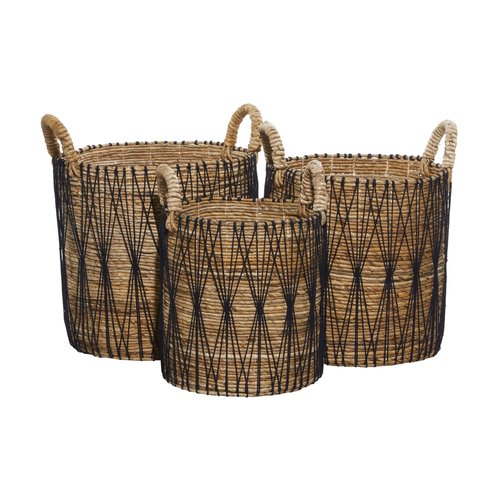 Deco 79 Banana Leaf Handmade Decorative and Functional Storage Basket String Detail Basket Organizer with Handles, Set of 3 Basket for Storage 20", 19", 17"H, Brown