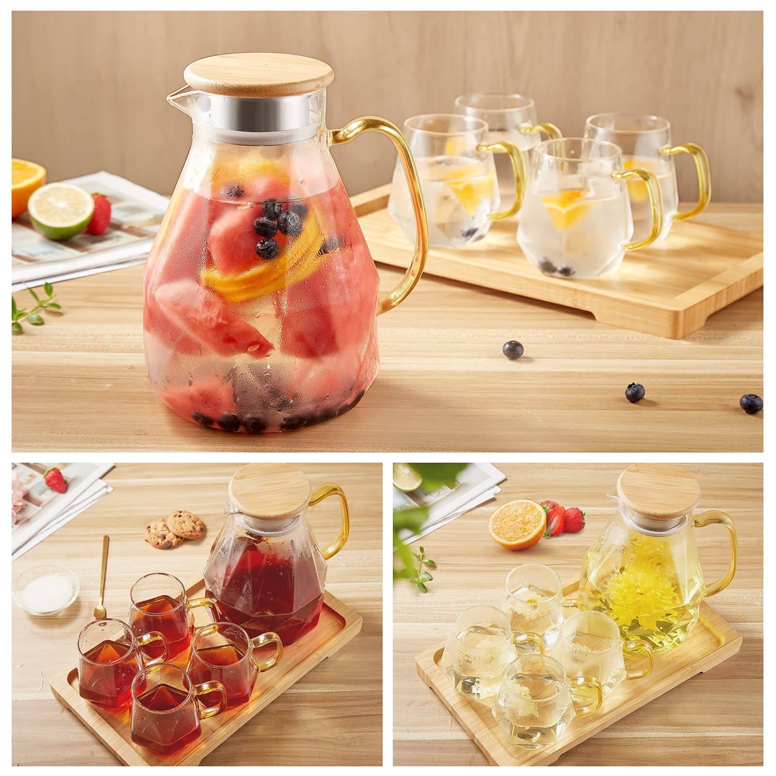 DUJUST Glass Pitcher Set (68 oz) with 4 Cups & 1 Tray, Elegant Diamond Design Water Pitcher with Handle, High Durability Glass Jug for Fridge, Glass Carafe for Iced Tea/Juice/Beverage/Coffee/Drinks