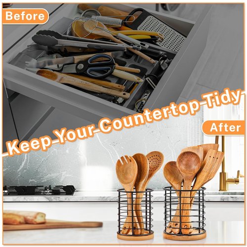 hunnycook 2-Piece Utensil Holders - 5.1*5.1*5.8 and 3.7*3.7*5.8 inches Kitchen Utensil Holders, Metal Black Crocks with Wooden Base, Easy to Drain