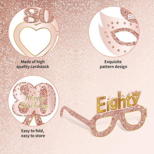 Guiruiy 24PCS 80th Birthday Eyeglasses - Pink Rose Gold Party Decorations for Women