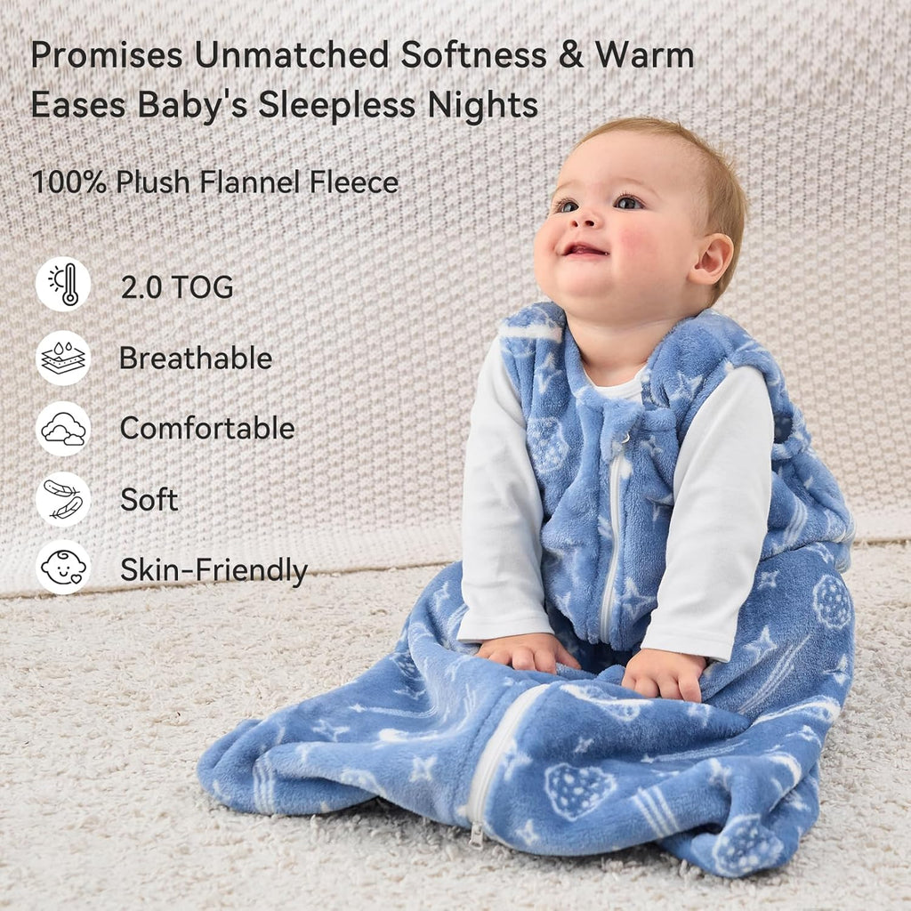 Unnivoll Fleece Baby Sleep Sack - 2.0 Tog Wearable Blanket with 2-Way Zipper | 6-12 Months, Medium Blue Green Planet