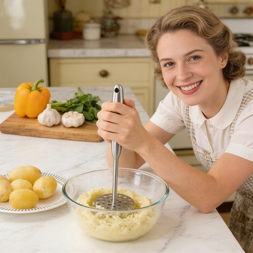 Soild Stainless Steel Potato Masher with Perforated Base Long Big Ergonomic Handle Ricer Kitchen Tool for Mashed Potatoes, Purple SweetPotato, Avocados, Beans, Fruit, Vegetables (Fully Solid)