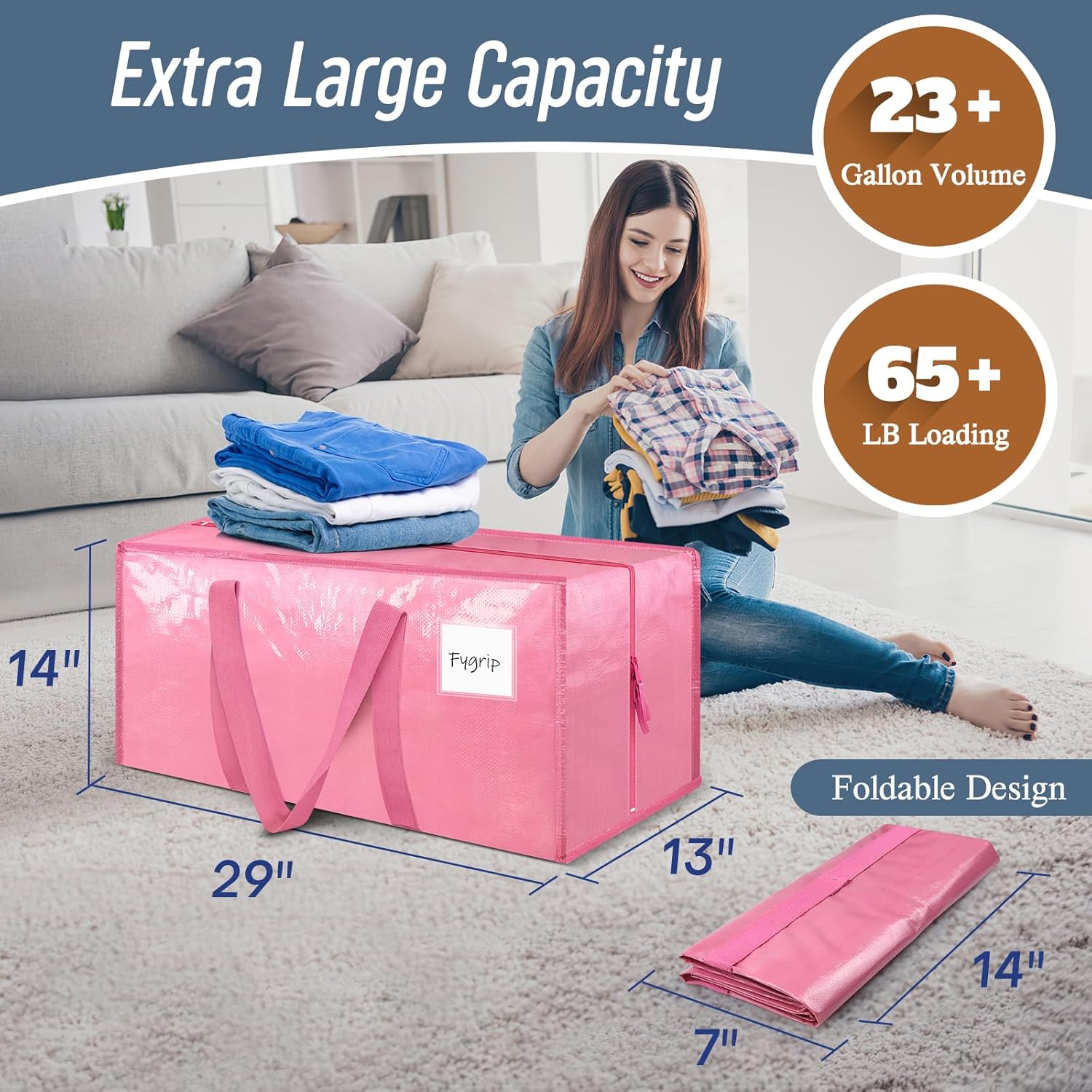 Skiennix Extra Heavy Duty Large Moving Bags - Strong Zipper & Comfortable Handles | 12 Pack, Pink