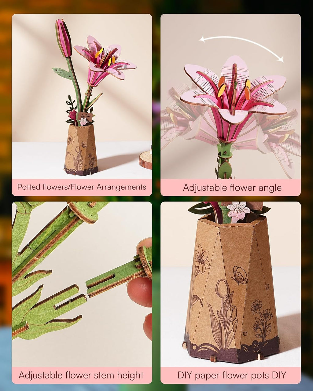Skiennix 3D Flower Wooden Puzzle - Pink Lily DIY Model Kit for Adults | Creative Gift for Mother's Day (73 PCS)