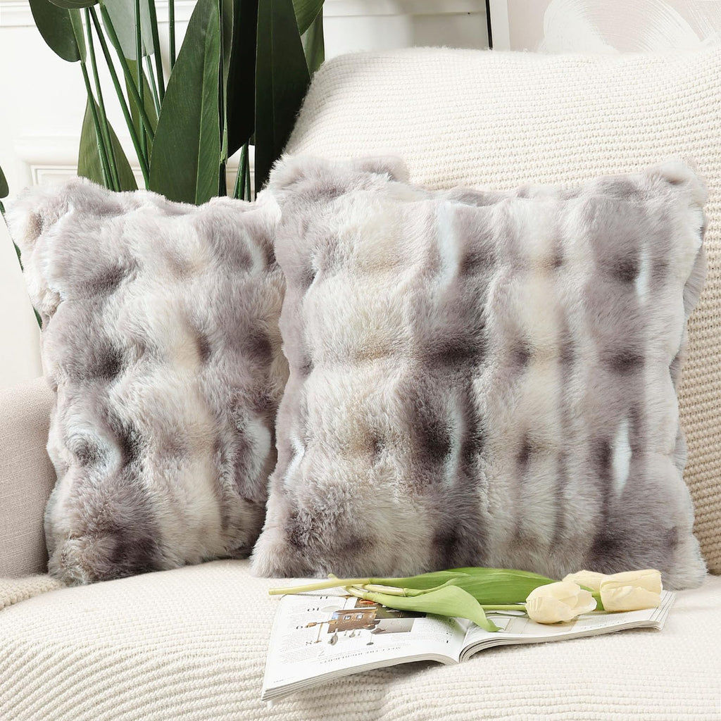 MADIZZ Pack of 2 Thick Plush Faux Wool Throw Pillow Covers Soft Boho Throw Pillows Luxurious Cushion Covers for Couch Sofa Bedroom Living Room Home Decor 18x18 Inch Grey Taupe