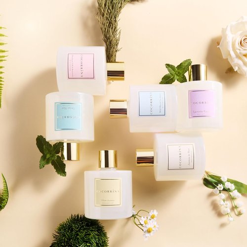 COCORRÍNA Reed Diffuser - Jasmine & Mint 6.7 Fl. Oz Set with Sticks & Preserved Baby's Breath | Home Decor