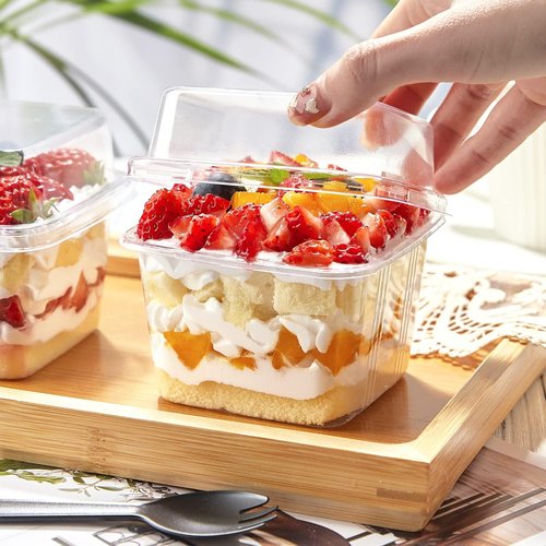 TOFLEN 100Ct 8 oz Square Plastic Dessert Cups with Lids and Sporks, Clear Plastic Yogurt Parfait Cups Cake Cup for Mousse, Fruit, Banana Pudding Cup