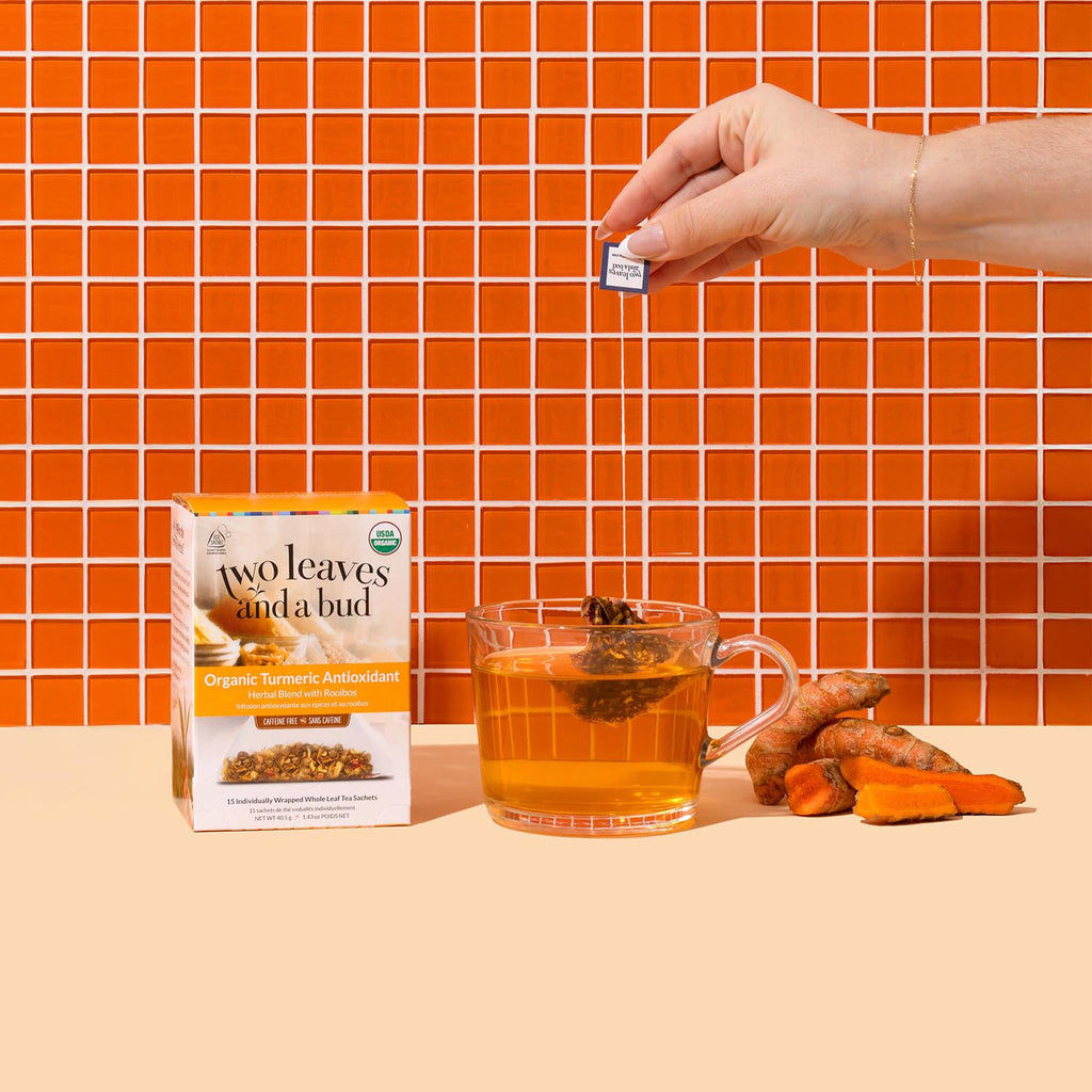 Two Leaves and a Bud Organic Turmeric Tea, Naturally Caffeine Free, Whole Leaf Herbal Tea in Sachets, 15 Count (Pack of 6)