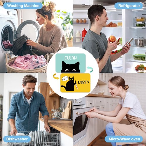 Funny Black Cat Cartoon Clean Dirty Dishwasher Magnet, Washing Machine Magnets Flip, Cute Cat Refrigerator Clean Dirty Sign, Double Sided Reversible Non Scratch Dish Washer Magnet Sign (Green&Yellow)