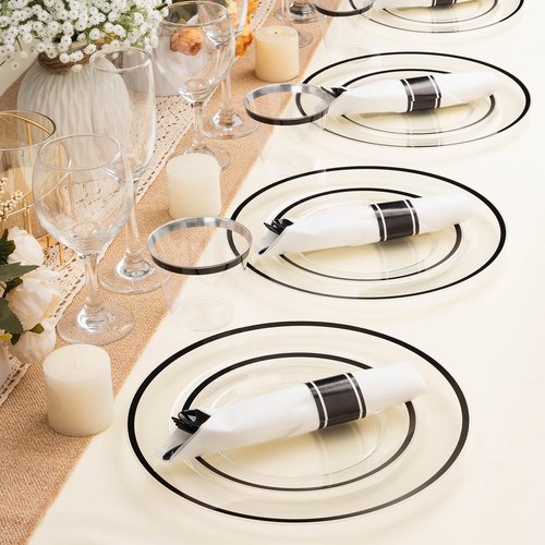 700PCS Clear Black Disposable Plates Set for 100 Guests, 200 Plastic Plates, 100 Plastic Cups, 100 Pre-Rolled Napkins with Cutlery for Party, Christmas, Birthday, Wedding, Thanksgiving, Halloween