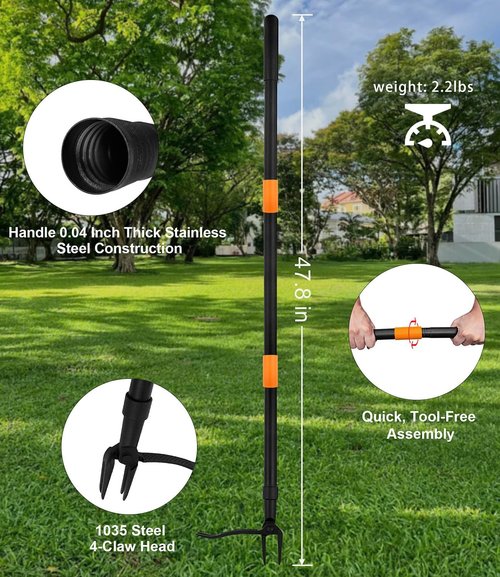 GardenWeasel Weed Puller Tool - 4-Claw Stand Up Weeding Tool with 47.8" Adjustable Stainless Steel Handle