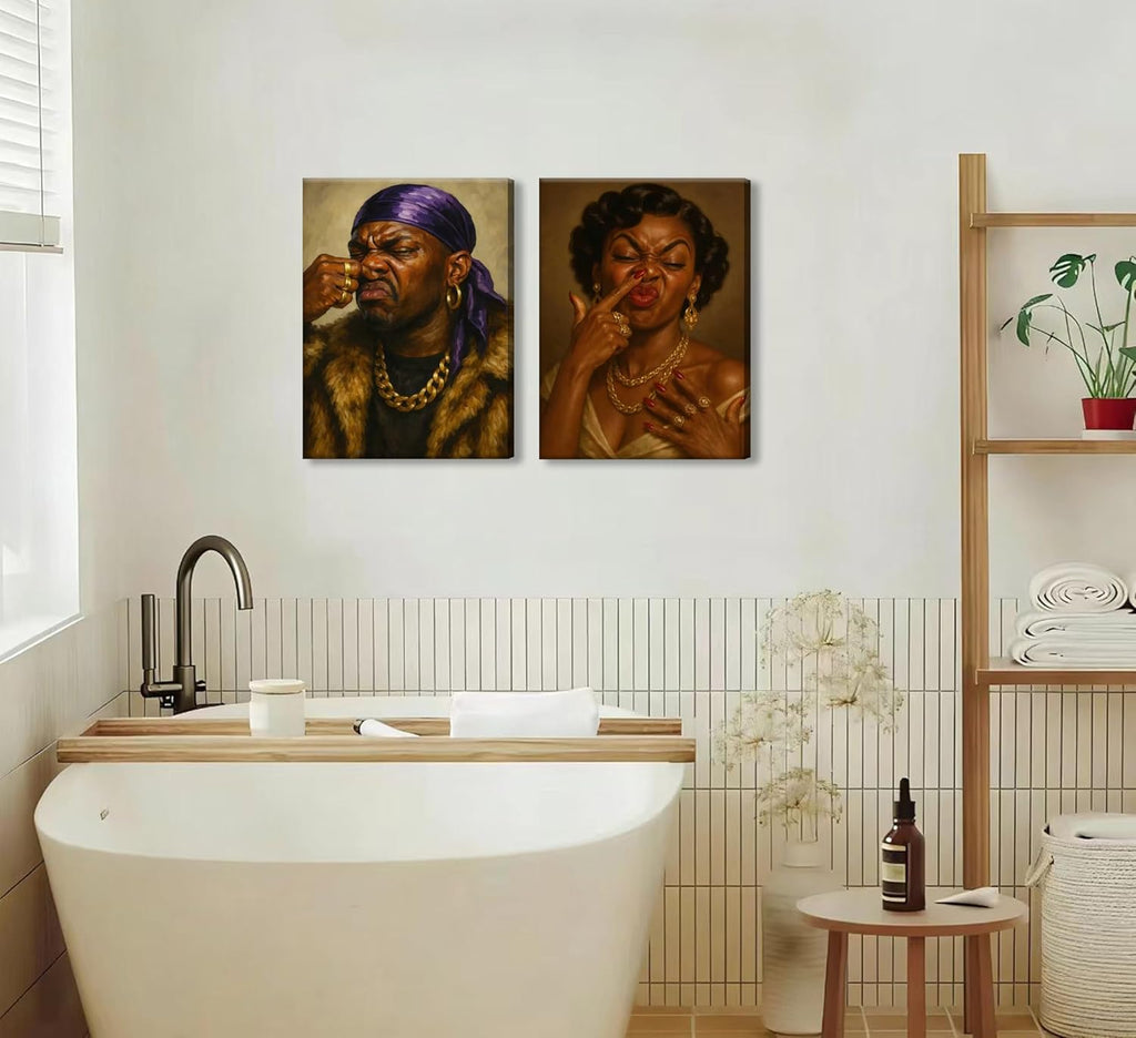 TEOVGKN Funny African American Bathroom Wall Art - Humorous Black Couple Nose Pinching Posters | Framed 12x16 in