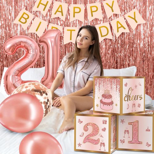 21st Birthday Decorations for Her,Happy 21st Birthday Decorations for Women Rose Gold 21 Boxes Decor for Girls Pink Rose Gold Foil Number Balloons Party Supplies Tassel Curtain
