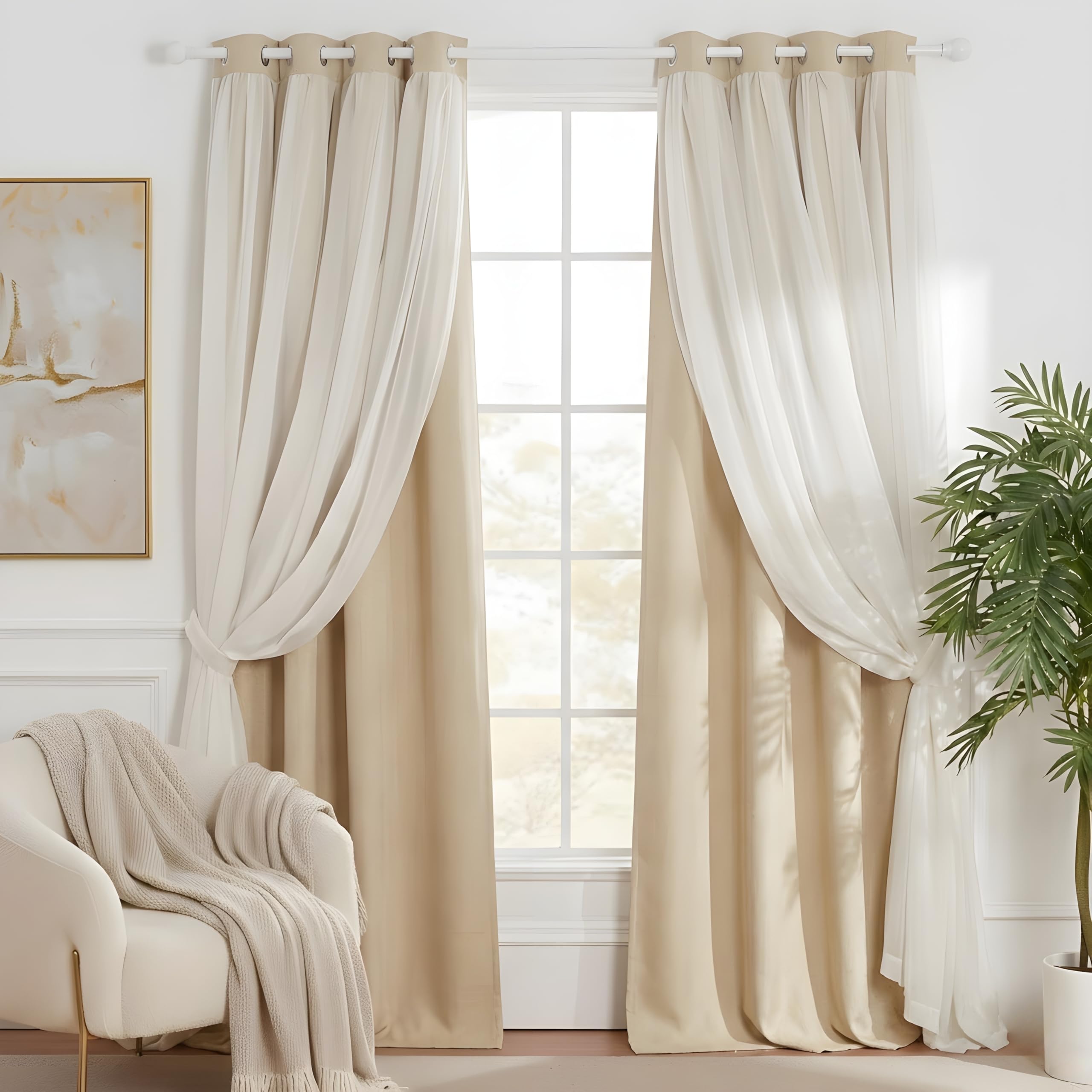 NICETOWN Bedroom Nursery Biscotti Beige Curtains Double-Layered Sheer & Blackout Panels with Free Tie-Backs, Home Decor Window Drapes for Kids (2 Panels, 52 inches Wide x 72 inches Long)