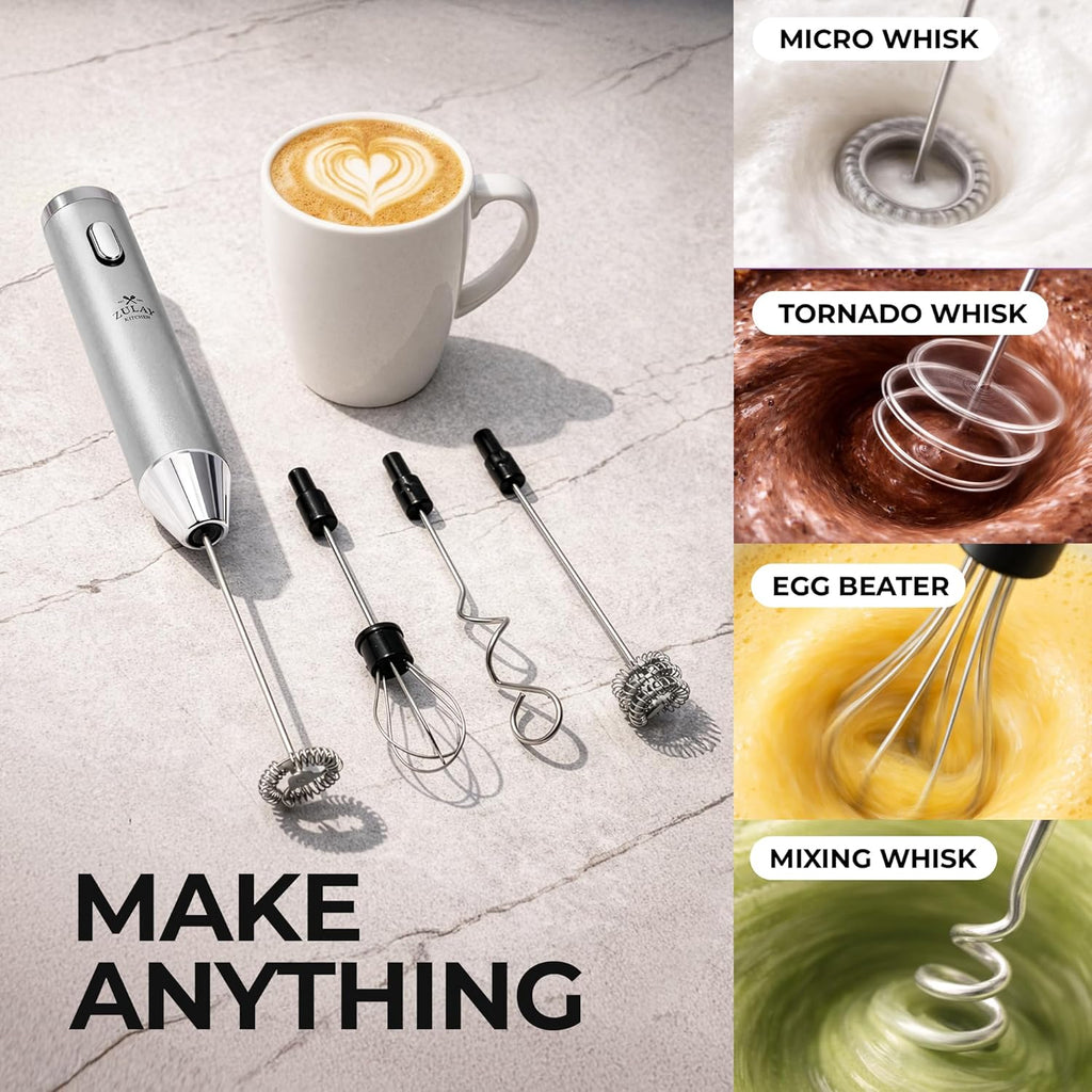 Zulay Kitchen Rechargeable Milk Frother - Handheld Electric Drink Mixer with 3 Whisk Attachments | USB-C Charging, Lasts Up to 6 Months