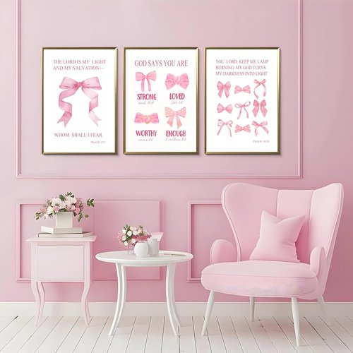 **JBZDD Christian Pink Bow Wall Art - Set of 3 Unframed Inspirational Bible Verse Prints | 12x16in for Girls' Room**