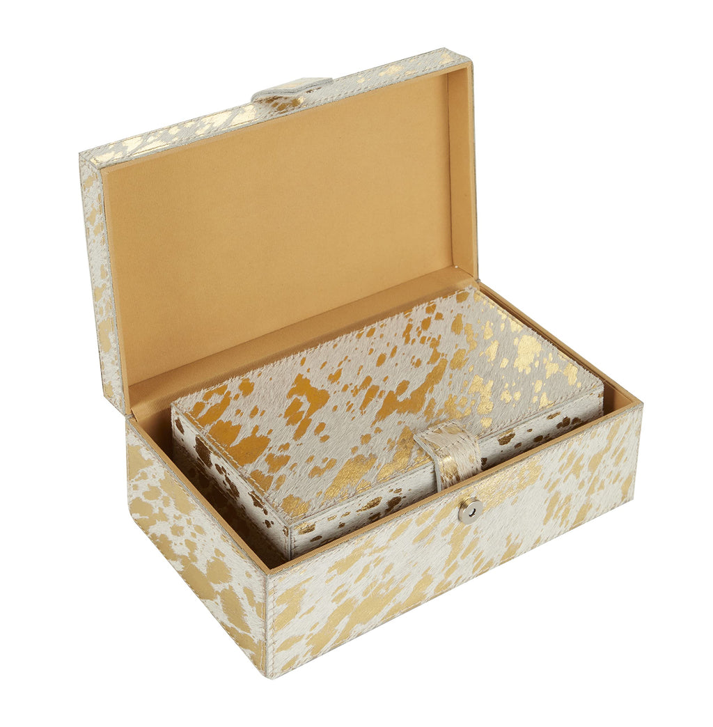 Deco 79 Leather Handmade Decorative Box Decorative Keepsake Boxes with Gold Foil Paint, Set of 2 Storage Boxes 8", 10"W, Gold