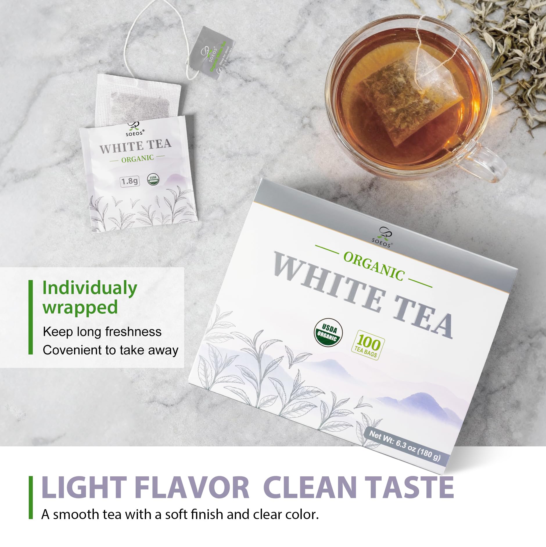 Soeos Organic White Tea, 100 Tea Bags, Individually Wrapped Teabags, Low Caffeine, Subtle Floral Aroma & Smooth Taste, Quality Tea for Everyday Brewing, Perfect for Hot or Iced Tea Lovers, 6.3oz (180g)