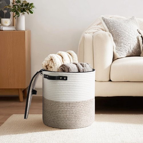 WILLITAT Storage Basket with Lid, 15"x13" Round Woven Blanket Storage for Living Room, Decorative Cotton Rope Hamper with Zipper Top, Wicker Basket with Lid, Floor Covered Kids Dog Toy Bin