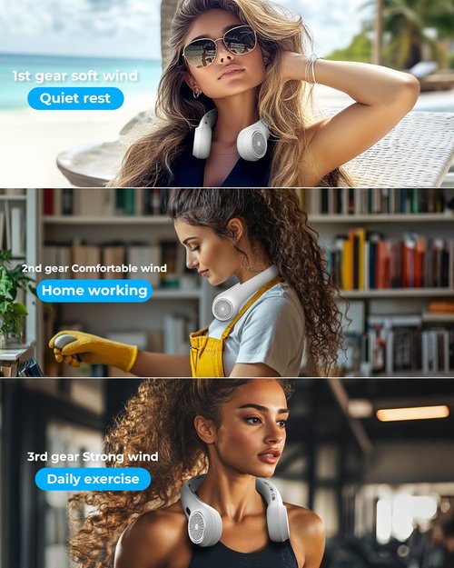 Hssio Neck Fan with 4000mAh Rechargeable Battery & LED Display, Portable Personal Cooler for Women/Men, 3-Speed Bladeless 360° Cooling Fans, Stylish Gift for Gym/Travel/Office, White