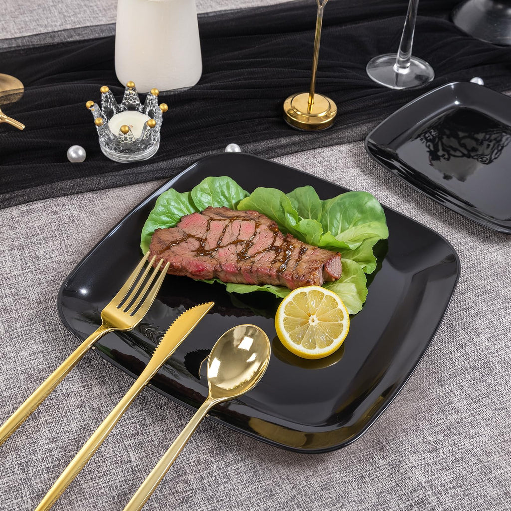 PULOTE 100 PCS Black Square Plastic Plates Disposable - Include 50 Each (10" Dinner & 7.25" Dessert) Plates - Ideal for Party & Graduation