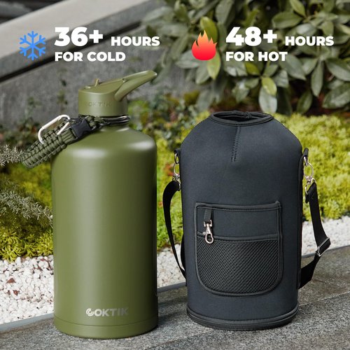 2 Pack 128 oz Insulated Water Bottle, Triple Wall Stainless Steel Flask, Keeps Drinks Cold for 48 Hrs Leak-Proof & BPA-Free Half Gallon Jug with Paracord Handle, Straw & Spout Lids(2 pack, Army Green)
