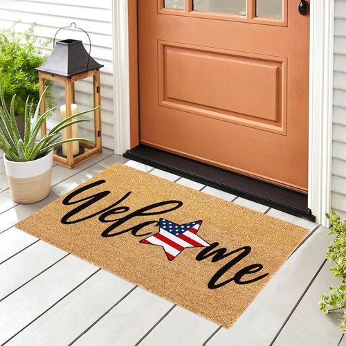 FYSUIMU Patriotic Coir Door Mat - Non-Slip American Flag Welcome Rug | 16.5 x 29 Inch for 4th of July Decor