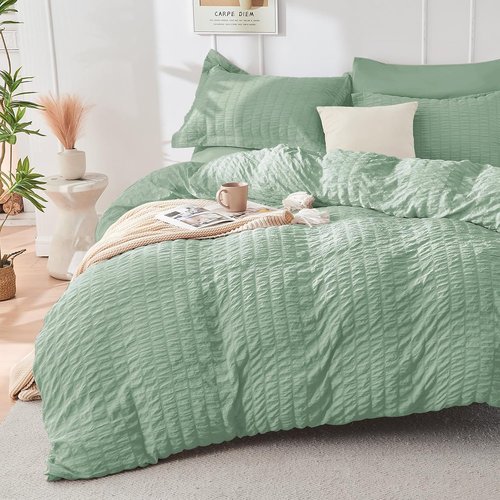 HYMOKEGE Queen Comforter Set - Luxury Sage Green Seersucker 7-Piece Bedding Set | All-Season Comfort