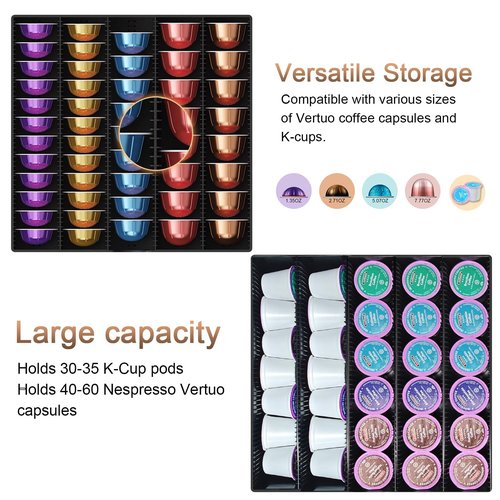 OUTIOE Coffee Pods Drawer Organizer Compatible with Nespresso Vertuo Pods Holds Up to 60 Small or 40 Large (Black)