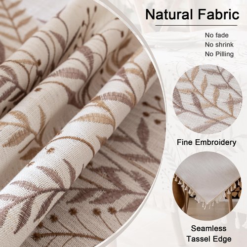 Joyfol Day Rustic Waterproof Linen Tablecloth, Heavy Weight Fern Embroidery Table Cloths for Rectangle Tables, Farmhouse Spill-Proof Table Covers with Tassels, Coffee 55''x 120''