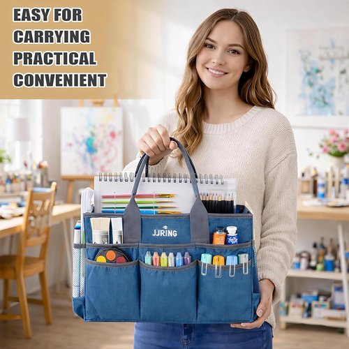 JJRING Large Art Supply Storage Tote Bag - Sturdy Craft Organizer with 2 Mesh Pockets & Elastic Front | Green, Foldable Design for Artists & Teachers