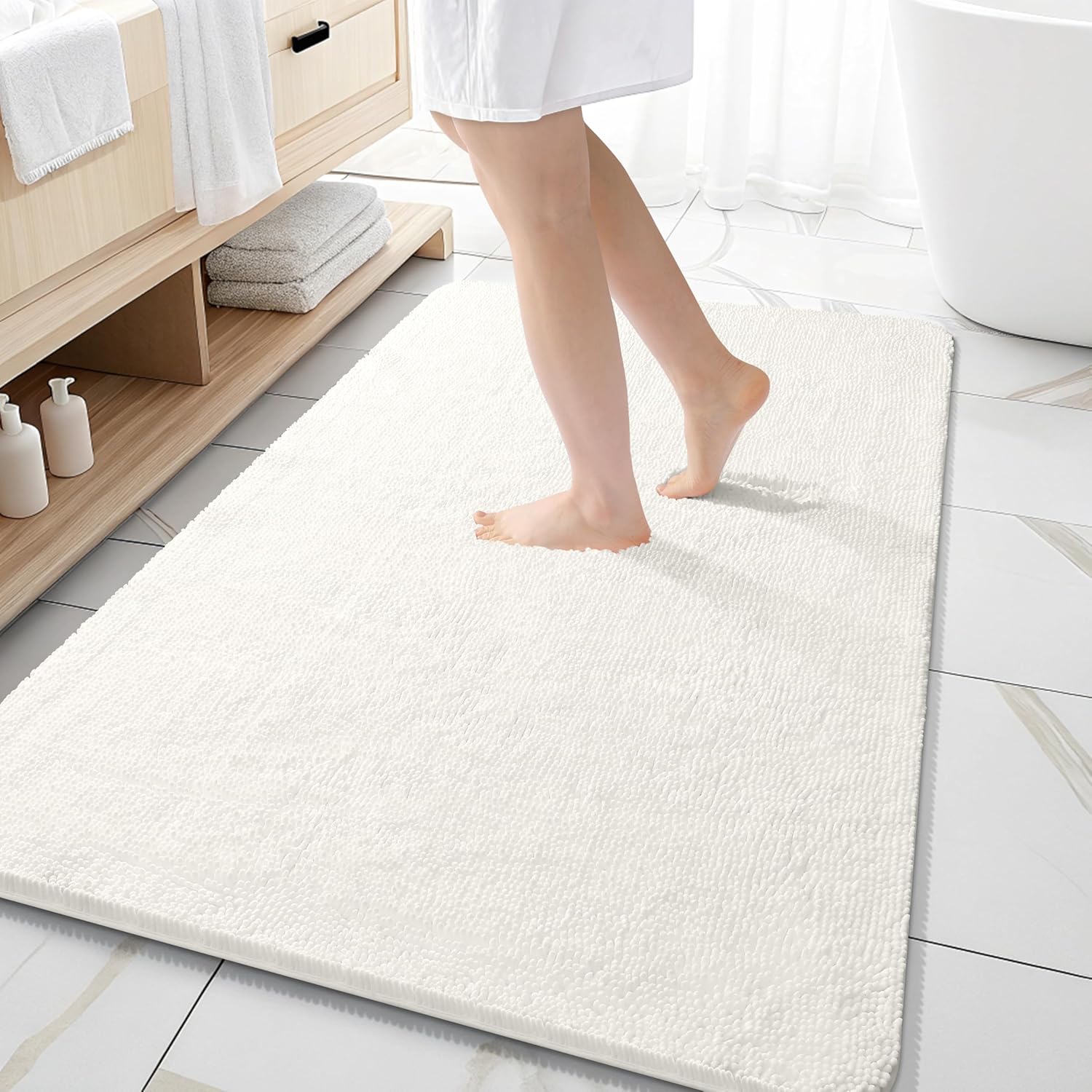 OLANLY Large Bathroom Rugs - Extra Soft Chenille Bath Mats | Quick Dry, Machine Washable, Ivory 59x35