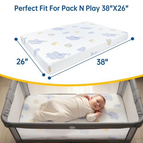 WEVFGHI Pack and Play Mattress Pad, 38"x26" Dual Sided Soft & Firm Memory Foam Pack N Play Mattresses, Breathable Baby Mattress for Pack N Play Mattress with Non-Slip Bottom Washable Cover