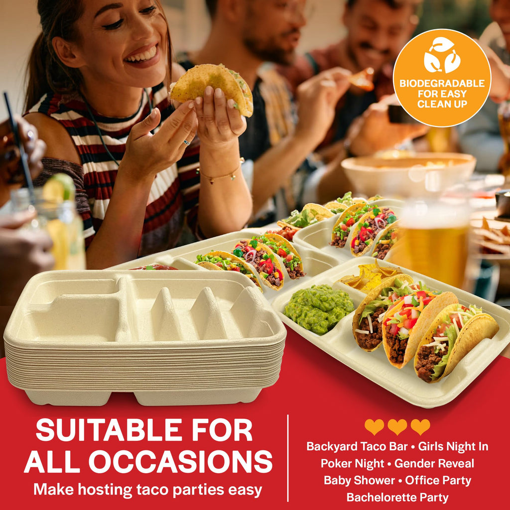 3-Tacos & 2-Sides Taco Plates, Disposable Paper Plates with Dividers – 50 PACK | Taco Tray for Party, Fiesta Taco Holder, Taco Stand for Taco Tuesday & Taco Bar, Microwave-Safe Taco Plates (50 Plates)