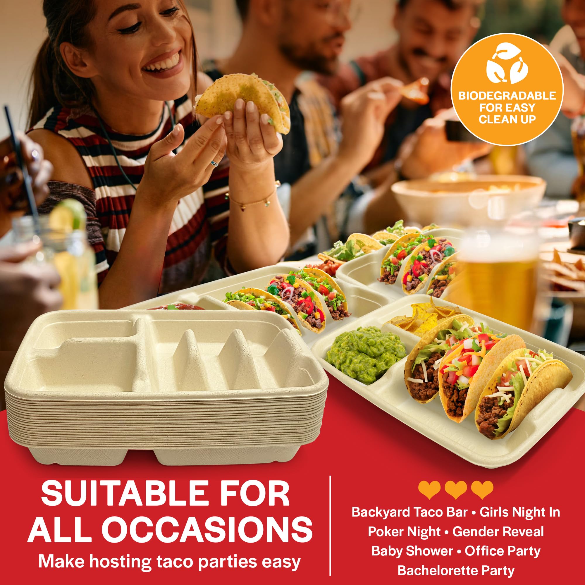 3-Tacos & 2-Sides Taco Plates, Disposable Paper Plates with Dividers – 50 PACK | Taco Tray for Party, Fiesta Taco Holder, Taco Stand for Taco Tuesday & Taco Bar, Microwave-Safe Taco Plates (50 Plates)