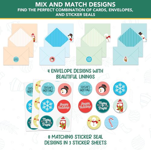 Decorably 16 Pack Christmas Cards - 5x7in Snowman Designs with Envelopes & Stickers for Holiday Greetings