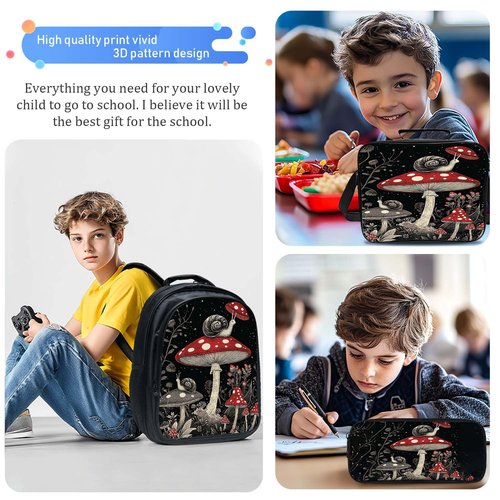 Fuzawet Mushroom Snails Backpack 3PCS 16" Preschool Elementary Schoolbag with Lunch Box Pencil Case Bookbag Set for Girls Boys Kids Children Teens School Students