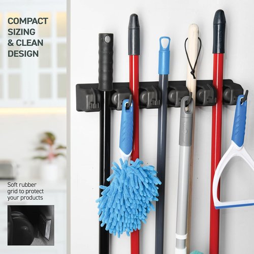 2 Pack Mop and Broom Holder by Home Organizers - Wall Mount Storage with 5 Slots & 6 Hooks - Ideal for Home, Kitchen, Laundry Room - Black