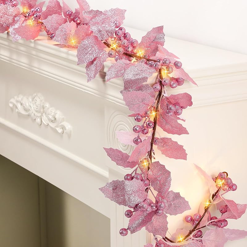 6ft Christmas Glitter Berry Garland with Lights - Pink Holly Leaves Decor